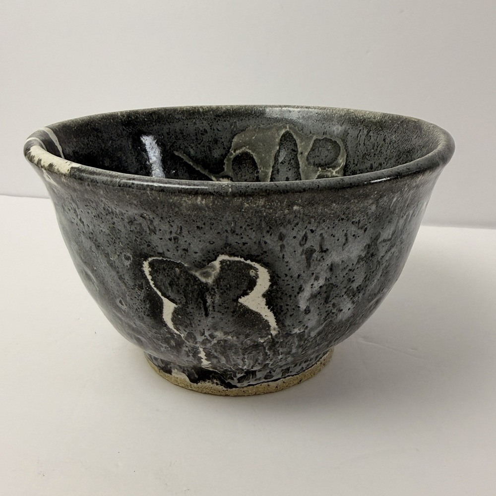 Handmade Studio Pottery Chawan Tea Bowl Planter Black Gray Drip Glaze